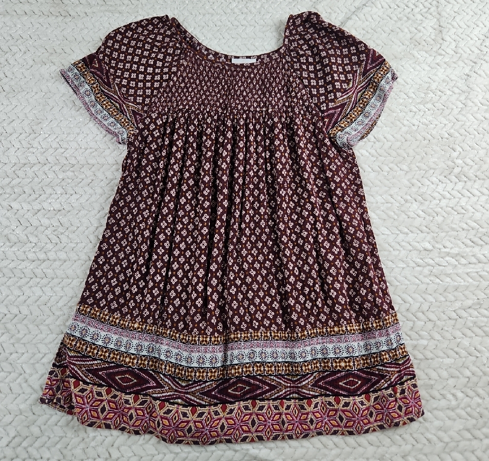 Knox Rose Sz XS Patterned Lightly Textured Red Short Sleeve Blouse Boho Casual